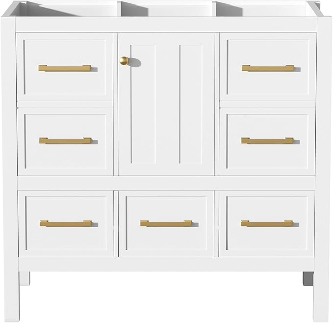Merax 36 Inch White Bathroom Vanity Without Sink Top,Freestanding Bathroom Vanity Base Cabinet Only,with 5 Drawers,Soft Closing Door & Gold Handles,Solid Wood Frame(Basin Not Included),1 Package
