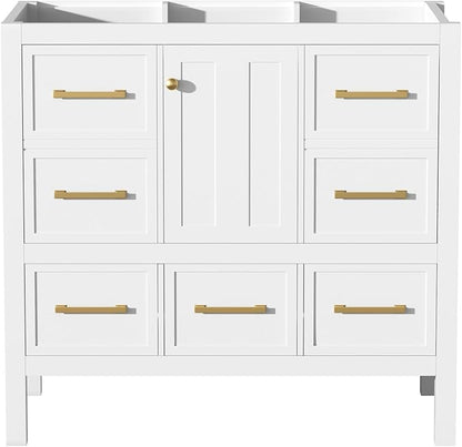 Merax 36 Inch White Bathroom Vanity Without Sink Top,Freestanding Bathroom Vanity Base Cabinet Only,with 5 Drawers,Soft Closing Door & Gold Handles,Solid Wood Frame(Basin Not Included),1 Package