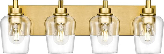 Bathroom Light Fixtures, 4-Light Modern Vanity Light with Clear Glass Wine Glass-Shaped Shade, Vanity Lighting Fixtures Over Mirror, Brushed Gold, VL155-BG-4