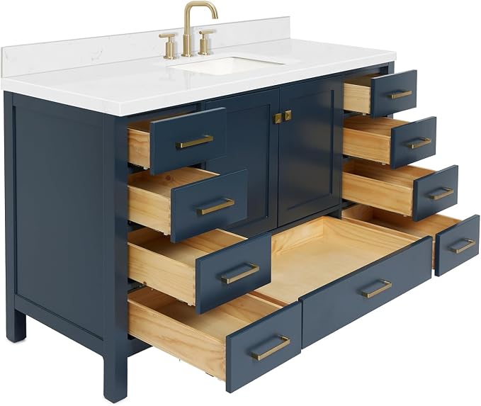 ARIEL Cambridge 60-inch Bathroom Vanity with Sink,Solid Wood, 1.5-inch Carrara White Quartz Countertop, Single Rectangular Porcelain Sink, 2 Soft Closing Doors, 9 Dovetail Drawers, Midnight Blue