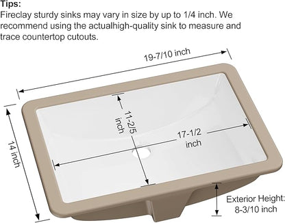 Undermount Bathroom Sink Rectangle, Hugsleek Interior Bowl Size 18 x 11 inch White Porcelain Ceramic Vessel Sink Under Counter Exterior Size 20x14in Rectangular Bath Sink Basin Lavatory Fireclay