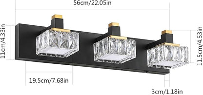 Bathroom Vanity Lights Over Mirror,3-Light Dimmable 5CCT Led Vanity Lights Black Gold Crystal Wall Sconce Lighting 22.05 inches Modern Vanity Light for Bathroom,Bedroom,Living room.(3000K-6000K）