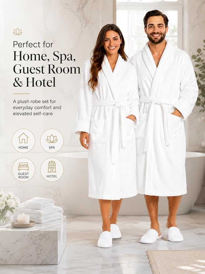 BIOLINEN 100% Cotton Terry Shawl Collar Bathrobe with Slippers