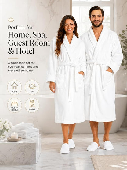 BIOLINEN 100% Cotton Terry Shawl Collar Bathrobe with Slippers