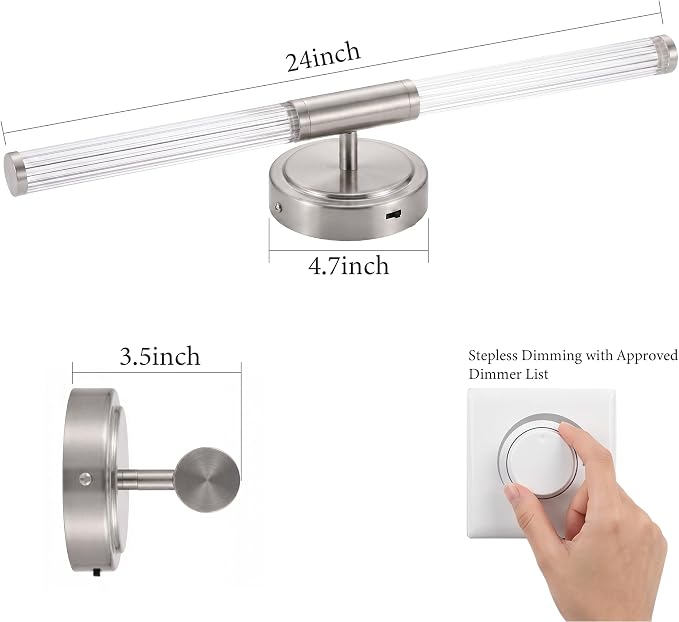 URSOLA 24" Modern LED Bathroom Light Fixtures, Brushed Nickel 3CCT Dimmable Bathroom Vanity Light Over Mirror, Bathroom Vanity Bath Bar Lights with 360° Removable Acrylic Light Tube