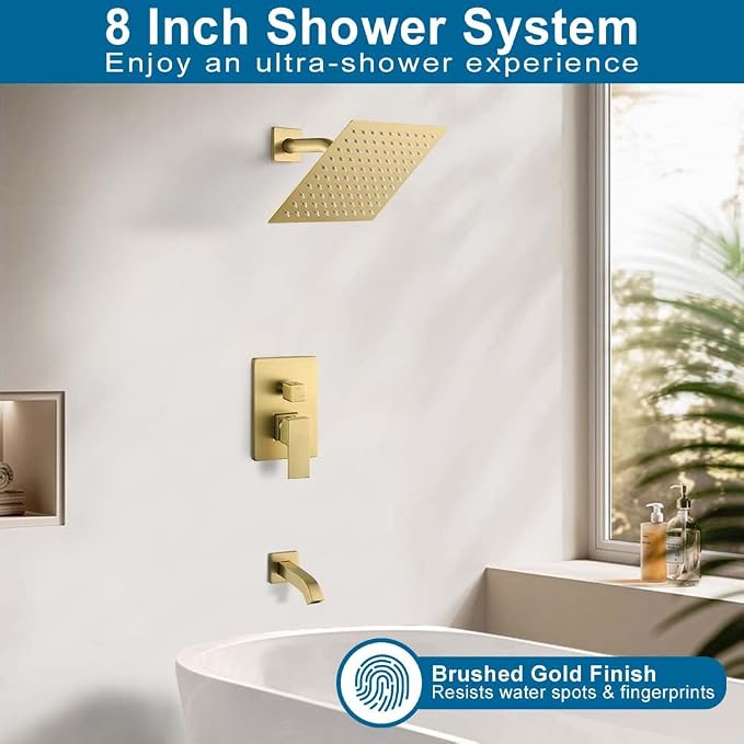 Tub Shower Faucet Set Brushed Gold Bathroom Rainfall Mixer 8 Inch Shower Head System with Tub Spout Single Handle Shower Trim Kit with Valve