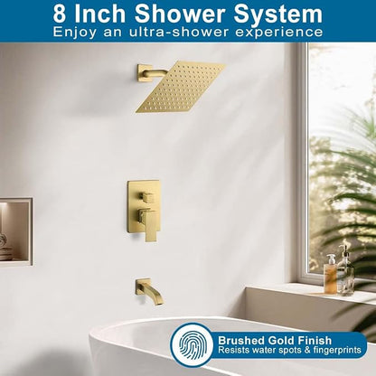 Tub Shower Faucet Set Brushed Gold Bathroom Rainfall Mixer 8 Inch Shower Head System with Tub Spout Single Handle Shower Trim Kit with Valve