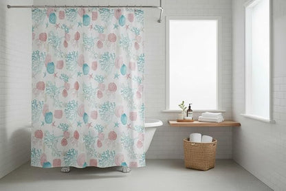 Serafina Home Coastal Fabric Shower Curtain for Bathroom: Coral Blue White Ocean Life Beach Shells Coral Sea Urchins Starfish Scallop Shells, 70" x 72" Inches, with 12 Rollerball Hooks