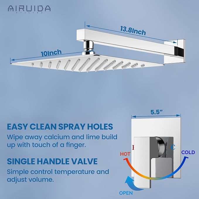 Airuida Shower Faucet Set,10 Inch Shower Valve Kit,Chrome Polish | Male Threads,Rough-in Valve Shower Trim Kit,Single Handle Control Shower Set