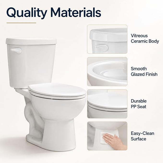 16.3" ADA Height Elongated Two Piece Toilet, Modern White Ceramic Bathroom Toilet with Side Push Handle, Locking PP Lid, 1.28 GPF Water Efficient Flush, cUPC Certified