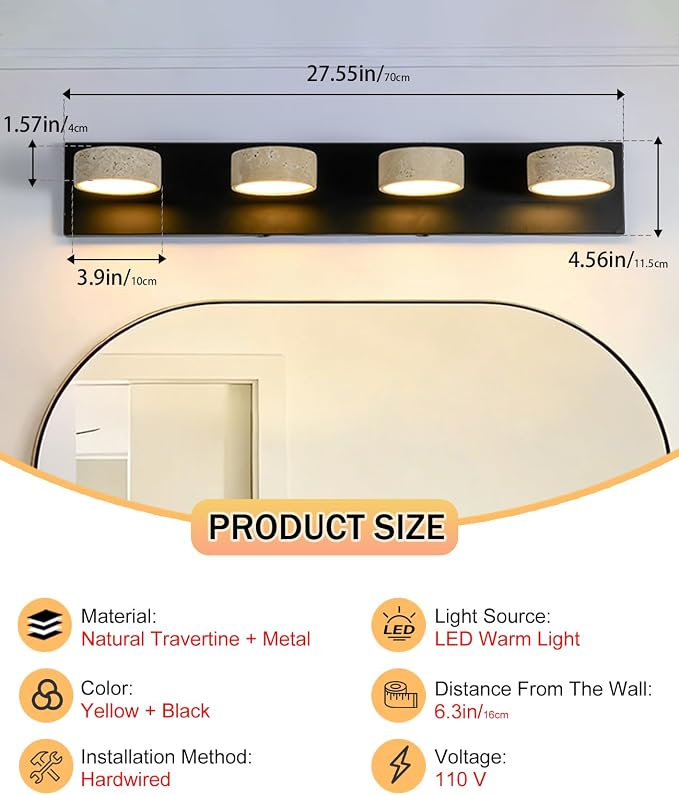 Travertine Vanity Light, 19.7 Inch Nordic Style Farmhouse Vanity Lights with 360° Rotatable Natural Stone Lampshade and Black Metal Base Wabi Sabi Vanity Lights Fixture for Bathroom (4 Lights)