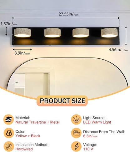Travertine Vanity Light, 19.7 Inch Nordic Style Farmhouse Vanity Lights with 360° Rotatable Natural Stone Lampshade and Black Metal Base Wabi Sabi Vanity Lights Fixture for Bathroom (4 Lights)