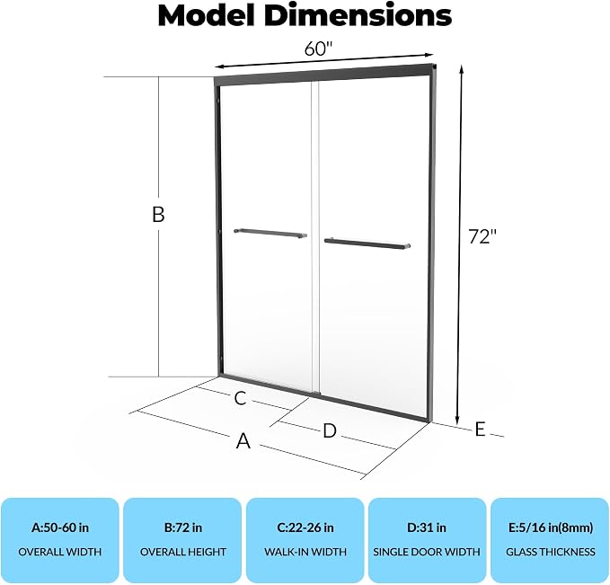 Shower Door, 56-60" W x 72" H, Double Sliding Shower Door with 5/16'' (8mm) Clear Tempered Glass for Bathroom