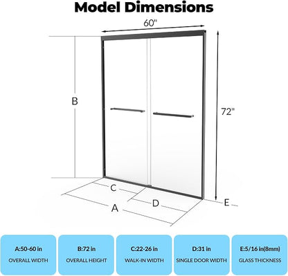 Shower Door, 56-60" W x 72" H, Double Sliding Shower Door with 5/16'' (8mm) Clear Tempered Glass for Bathroom