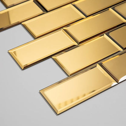 Peel and Stick 3x6 Inch Beveled Gold Mirror Tile Subway Mirror Glass Backsplash for Kitchen Bathroom Wall (40 Pcs, 5 SQ.FT.)