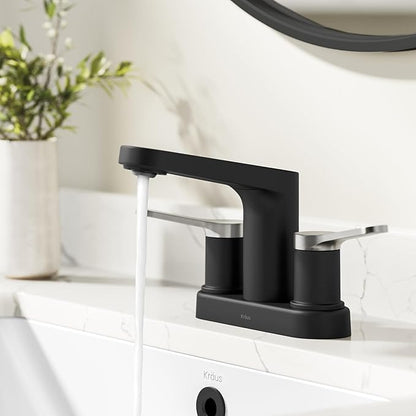 KRAUS Indy Centerset Bathroom Faucet in Spot-Free Brushed Nickel/Matte Black with 2 Handles, Pop Up Drain and Supply Lines, FUS-14102SFBNMB