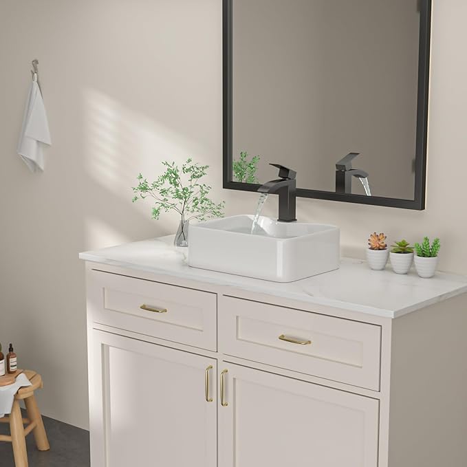 Dcolora 16 in. White Vessel Sink, Rectangular Porcelain Ceramic Above Counter Sink, Small Bathroom Sink with Black Accessories,12"D x 16"W x 5"H #DC-SFDOE00085
