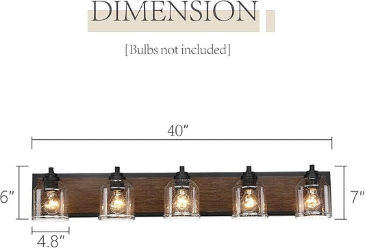 Vanity Lights for Bathroom Large 40", Farmhouse Rustic Vanity Light with Bubble Glass Shades, Brown 5 Light Bathroom Lighting Fixtures Over Mirror, Bath Wall Sconce Home Decor
