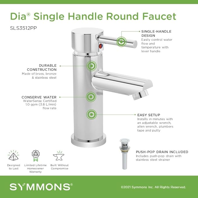 Symmons Dia Single-Hole Single-Handle Bathroom Faucet with Push Pop Drain in Polished Chrome (1.0 GPM)