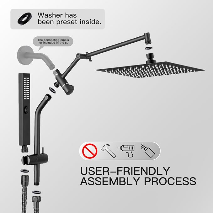 All Metal 12" Shower Head with Handheld, Built-in Power Jet Mode | Luxurious, Square, Rain Shower Heads with Spray Combo Set, High Pressure, Dual, Rainfall, with Extension Arm, Matte Black