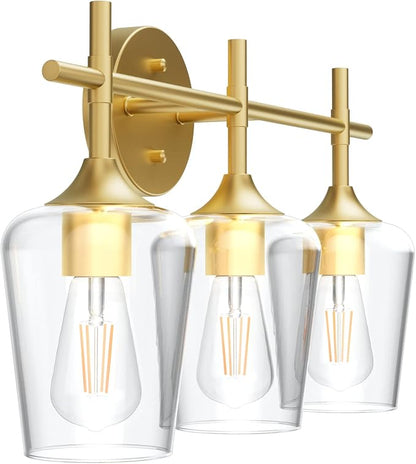 Ralbay Gold Bathroom Vanity Light 3-Lights Vintage Gold Vanity Lights Wall Lighting Clear Glass Gold Bathroom Light Fixtures Over Mirror