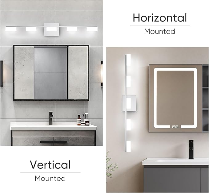 LED Modern Bathroom Light Fixtures Over Mirror, 5-Light Dimmable Vanity Lights, Chrome Acrylic Bathroom Vanity Light, 2700K-6500K Adjustable, ETL Certificated