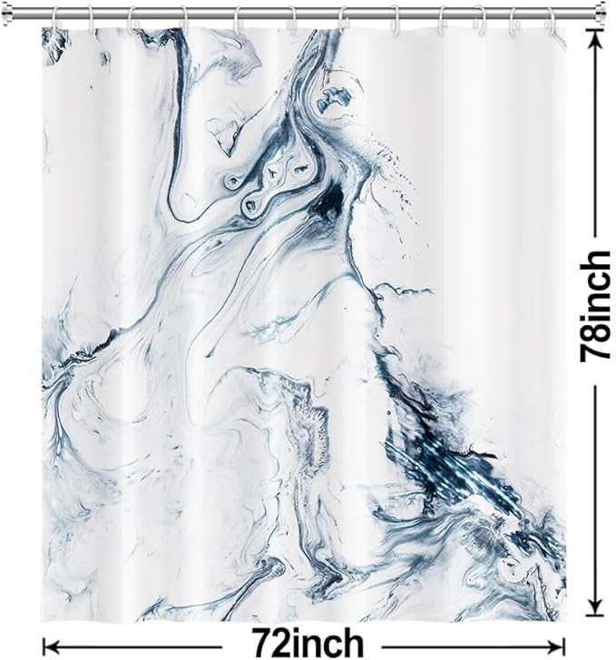 Blue and White Shower Curtain, Modern Ombre Blue Marble Shower Curtain Set with Hooks Aesthetic Waterproof Bathroom Decor, 72x78 Inch