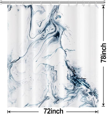 Blue and White Shower Curtain, Modern Ombre Blue Marble Shower Curtain Set with Hooks Aesthetic Waterproof Bathroom Decor, 72x78 Inch