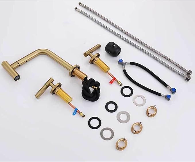 3 Hole Basin Faucets Pull Out Basin Mixer Faucet Brushed Gold Bathroom Mixer Faucet Brass-Brushed Gold
