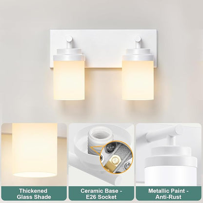 IZORRO Bathroom Vanity Light Fixture, 2-Light 15 Inch White Bathroom Light Fixtures Over Mirror, with White Glass Shade, Modern Farmhouse Vanity Lights, Rustic Restroom Lighting Fixtures