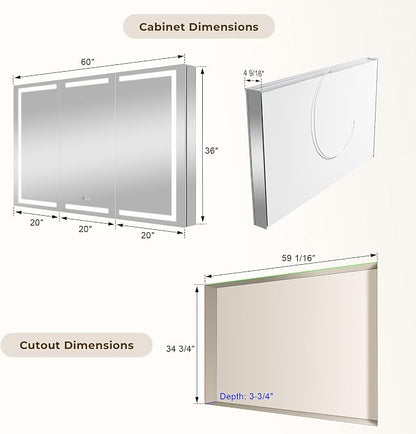 WELLFOR 60" X 36" Bathroom Mirror Medicine Cabinet with 3X Magnification Makeup Mirror, LED Mirrored Cabinet, Bathroom Storage Mirror Cabinet, Three Opening Doors, Recessed or Surface