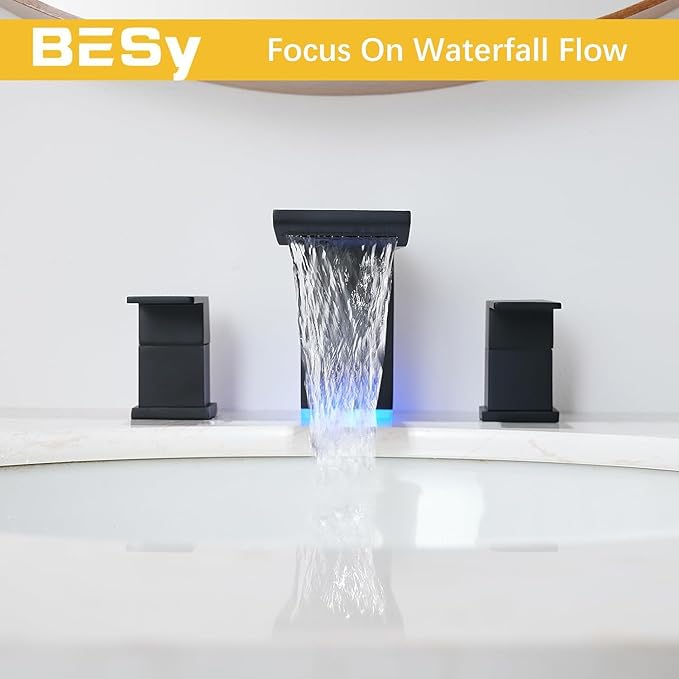 BESy Led 3 Hole Bathroom Sink Faucet, Matte Black Waterfall Widespread Bathroom Faucet with 3 Colors Light Changing, 2 Handle with Supply Lines with Pop Up Drain