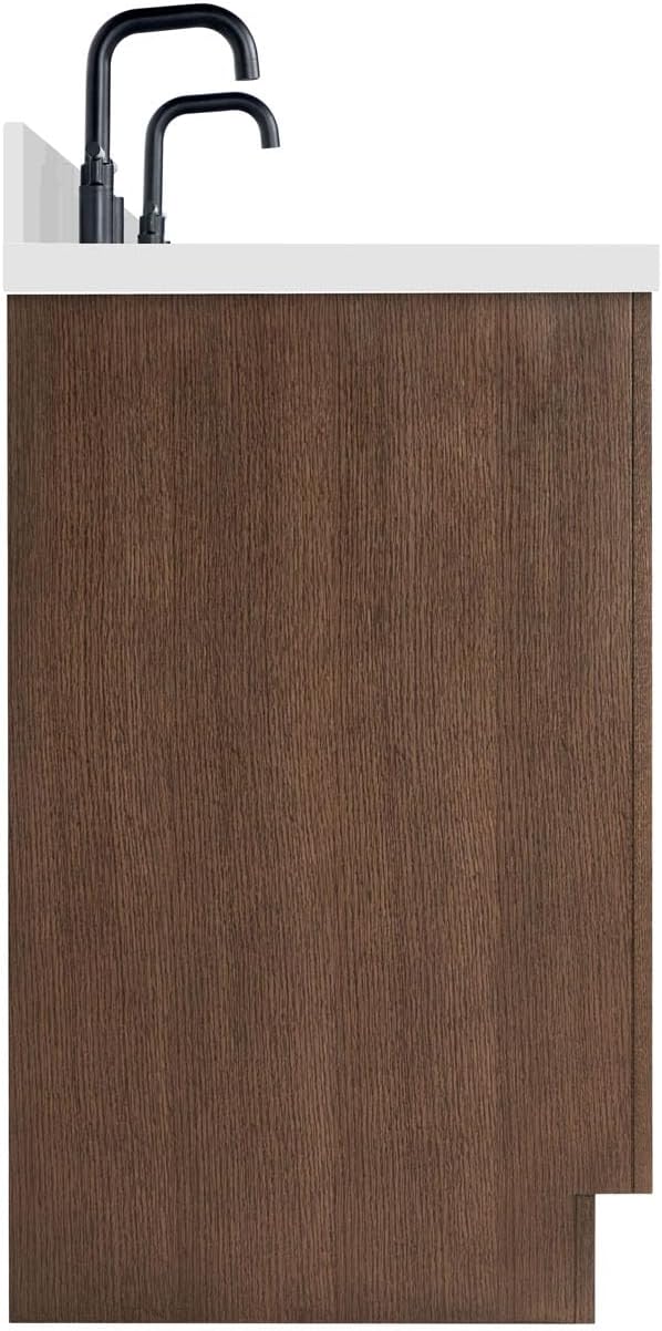 Isabella 66-Inch Brown Oak Double Bathroom Vanity with Sink, 1.5-Inch Edge Pure White Quartz Countertop & 4" Backsplash, Soft-Closing Doors & Drawers, Solid Oak Wood Construction