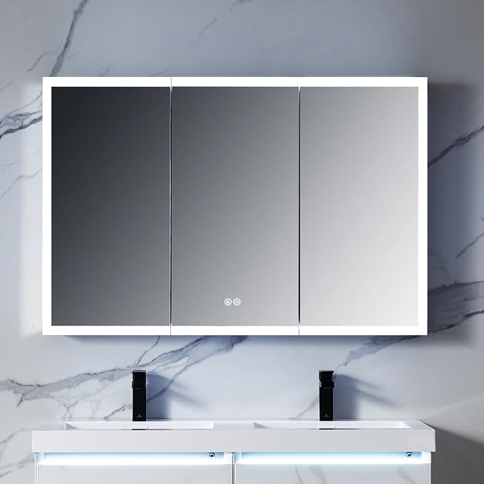 Blossom LED Lighted Mirror Medicine Cabinet, 48x32 Inch, Wall Mounted Recessed or Surface Bathroom LED Medicine Cabinet with Mirror, Makeup Mirror with Lights, Defogger, Adjustable Brightness