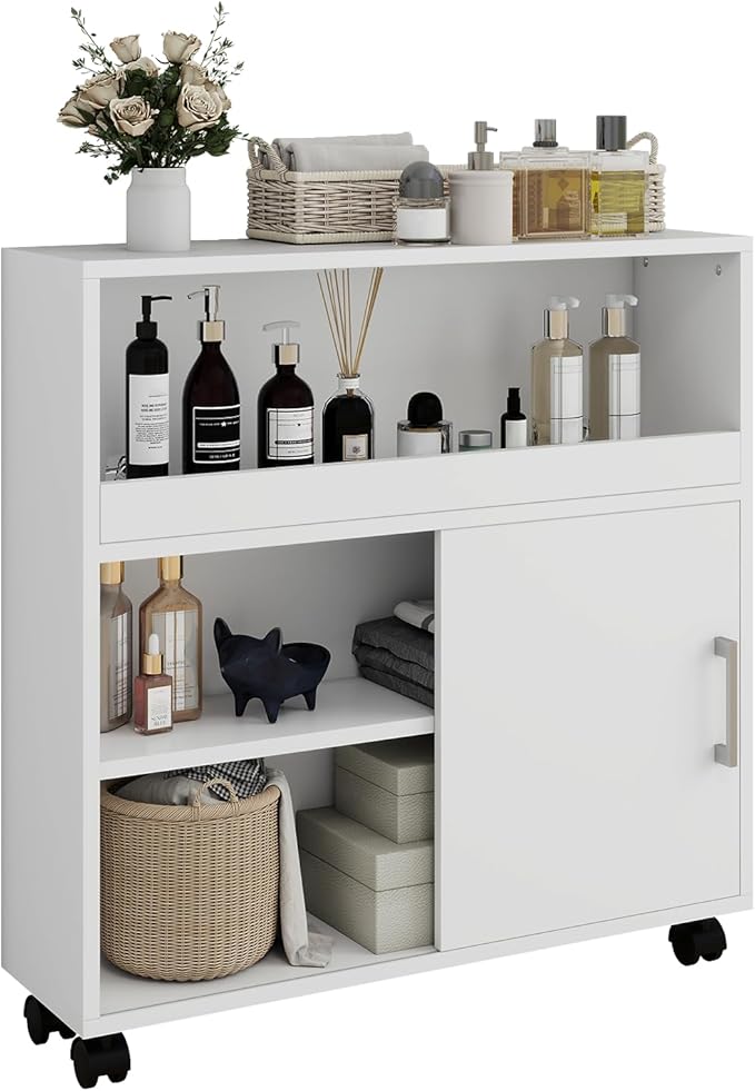 Slim Bathroom Storage Cabinet, Narrow Bathroom Storage Cabinet, Bathroom Floor Cabinet with Sliding Door and Adjustable Shelf for Small Spaces, Living Room, Kitchen, White