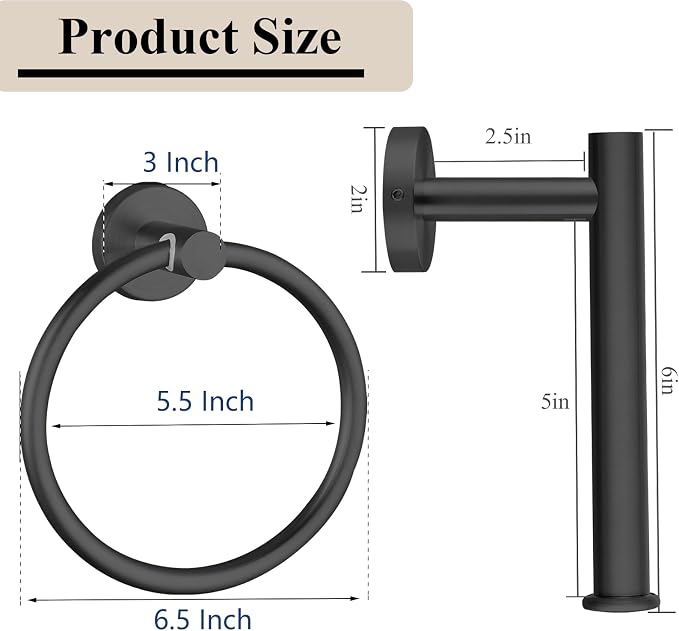 Black Bathroom Hardware Set, Towel Ring & Toilet Paper Holder, Stainless Steel SUS304, Hand Towel Hanger & Toilet Roll Holder, Sturdy Bathroom Accessories for Home or Kitchen