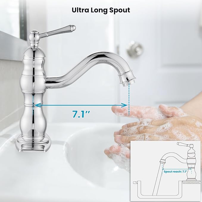 gotonovo Bathroom Faucet 1 Hole Vintage,Polish Chrome,7.1” Spout Reach | Bathroom Sink Faucet for 1 or 3 Hole Single Handle,Deck Plate,360° Swivel Spout,Pop Up Drain,cUPC Supply Hoses,for Vanity RV