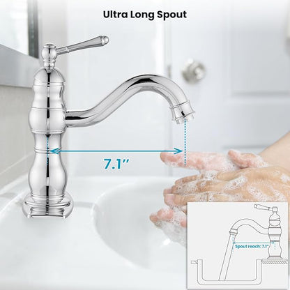 gotonovo Bathroom Faucet 1 Hole Vintage,Polish Chrome,7.1” Spout Reach | Bathroom Sink Faucet for 1 or 3 Hole Single Handle,Deck Plate,360° Swivel Spout,Pop Up Drain,cUPC Supply Hoses,for Vanity RV