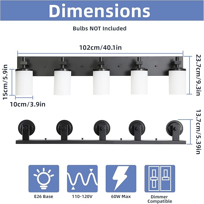 LOUSACE Bathroom Light Fixtures Over Mirror, 5 Light Vanity Lights Matte Black, Modern Bathroom Lighting with Opal White Glass Shades, Wall Sconces Fixture Vanity Lighting for Bedroom Living Room