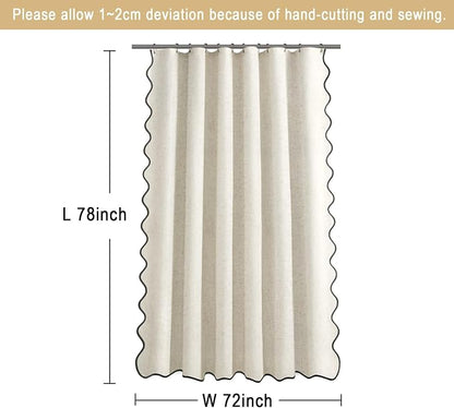 Scalloped Shower Curtain Linen Boho Flax Cream 72" W x 78" L | Linen Fabric, Black Border, Washable, Heavy Duty Cloth, Shower Curtain for Boho Farmhouse Bathroom Bathtub
