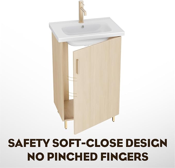 20 Inch Oak Pre-Assembled Small Bathroom Vanity Freestanding Cabinet with Ceramic Sink, Soft-Close Door, Space-Saving Design, No Faucet,BV05-20-OAK-JH