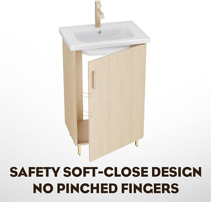 20 Inch Oak Pre-Assembled Small Bathroom Vanity Freestanding Cabinet with Ceramic Sink, Soft-Close Door, Space-Saving Design, No Faucet,BV05-20-OAK-JH