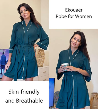 Ekouaer Women Kimono Robes Knee Length Knit Bathrobe Lightweight Soft Sleepwear V-neck Casual Ladies Loungewear
