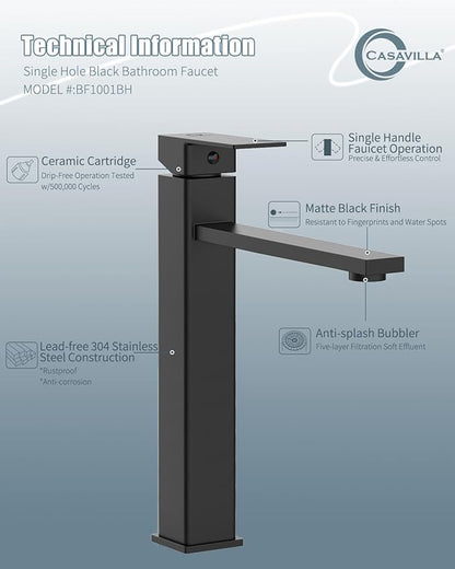 Bathroom Faucets, Matte Black Bathroom Faucet with Pop-up Drain and 2 Supply Hoses, Single Hole High Barrel Vanity Faucet for Vessel Sink, Single Handle Stainless Steel RV Faucet
