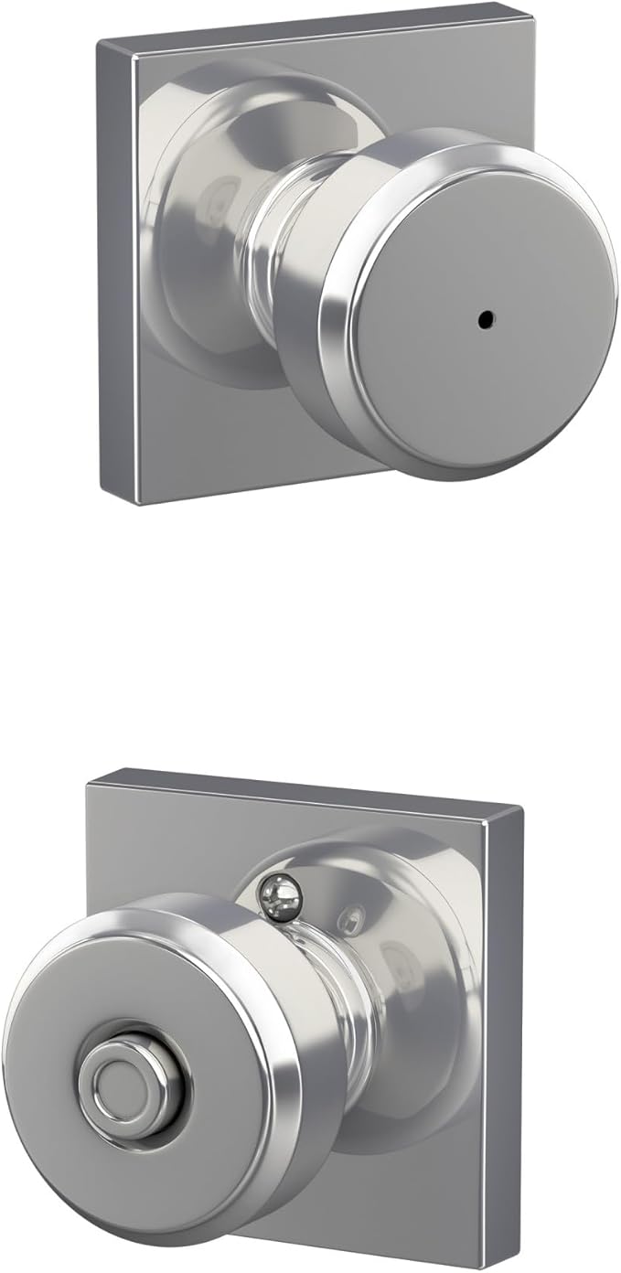 Schlage F40 BWE 625 COL Bowery Knob with Collins Trim Bed & Bath Privacy Door Lock, Bright Chrome