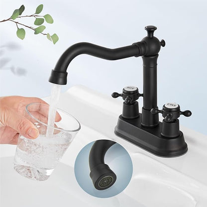 Aolemi 4 Inch Centerset Bathroom Sink Faucet Vintage 2 Cross Handle RV Mixer Tap Basin Vanity Lavatory Utility for Sink 3 Hole Include Hoses Pop Up Drain Faucet Handle with Label Matte Black