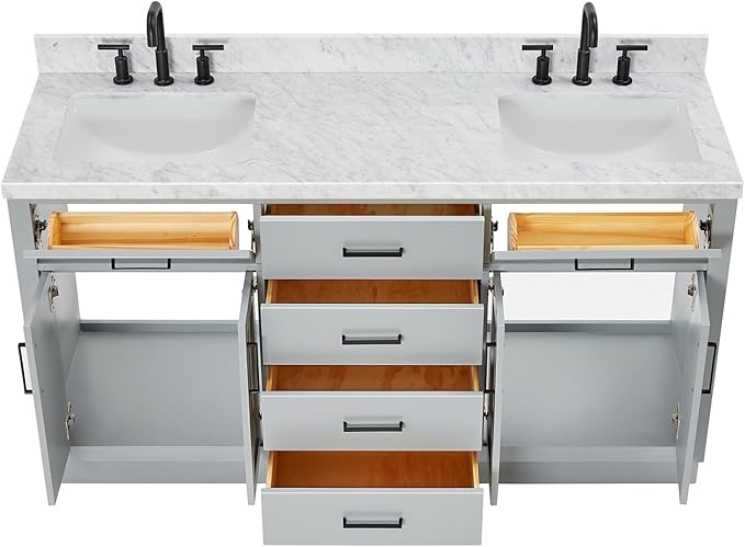 ARIEL Hepburn 66-inch Bathroom Vanity with Sink,Solid Wood, 1.5-inch Italian Carrara Marble Countertop, Double Rectangular Porcelain Sink, 4 Soft Closing Doors, 6 Dovetail Drawers, Grey