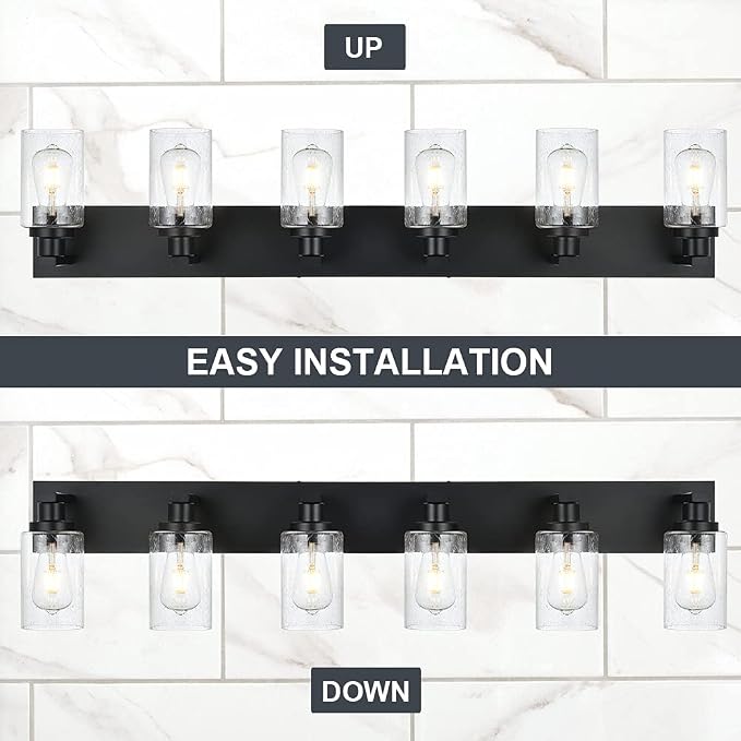 Modern Bathroom Vanity Light 6-Light Lamp in Black, Farmhouse Wall Light Fixture with Seeded Glass Shades Indoor Wall Lamp