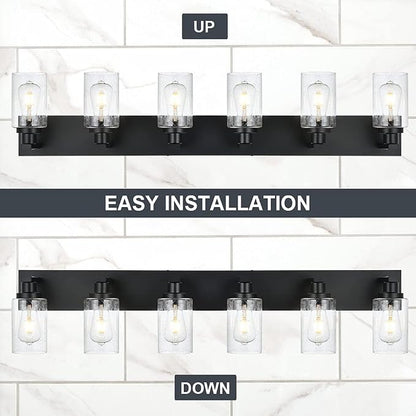 Modern Bathroom Vanity Light 6-Light Lamp in Black, Farmhouse Wall Light Fixture with Seeded Glass Shades Indoor Wall Lamp