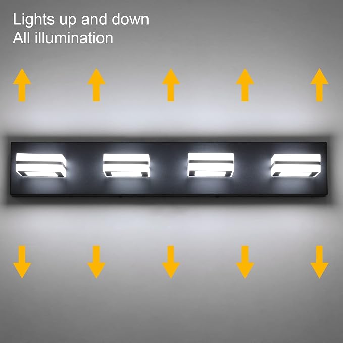 Ralbay Modern LED Bathroom Vanity Lights 4 Lights LED Black Bathoom Wall Lighting Over Mirror Up and Down Acrylic Matte Black Vanity Lights
